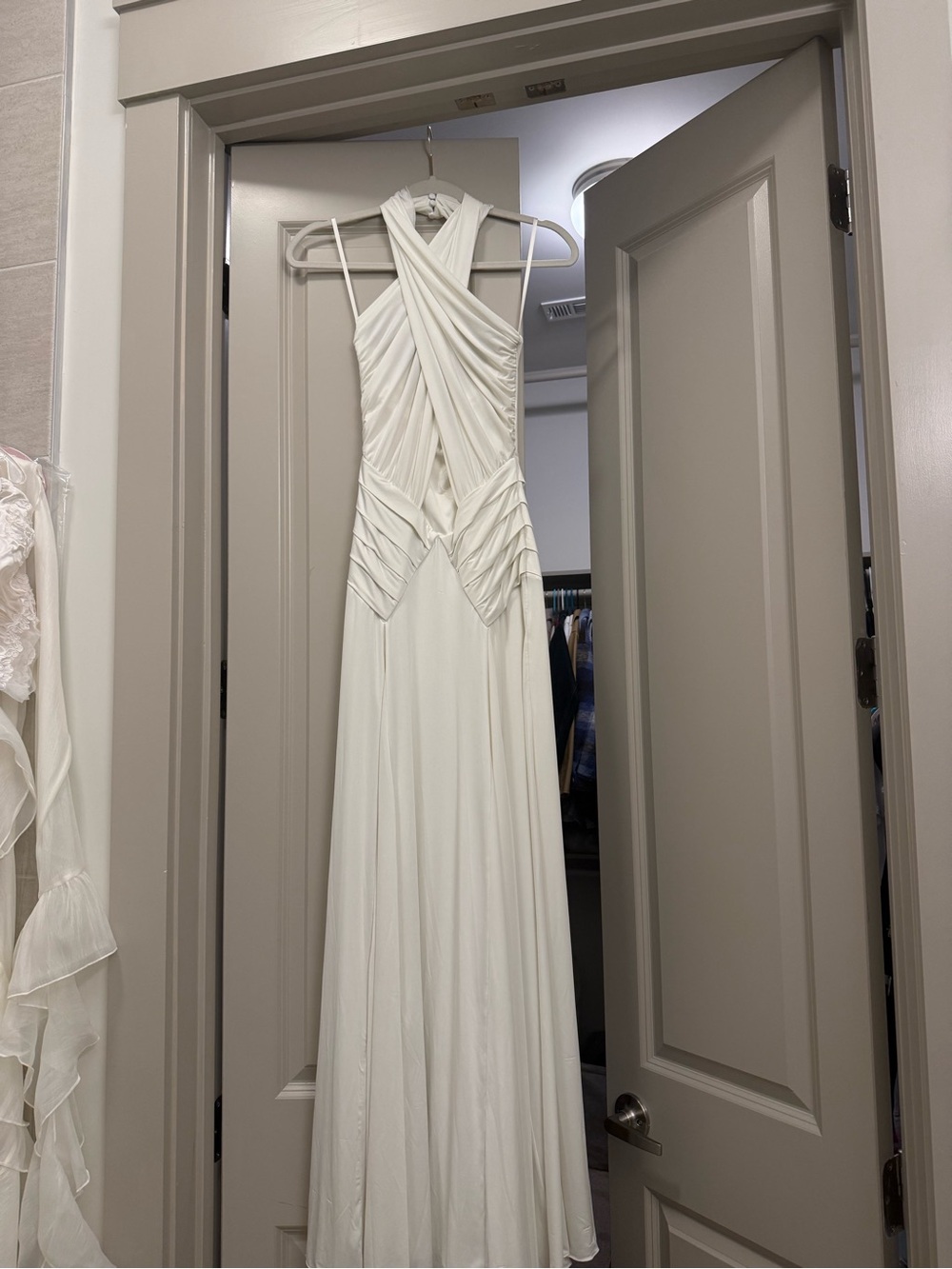 Meshki White Cross-Over Halter Maxi Dress